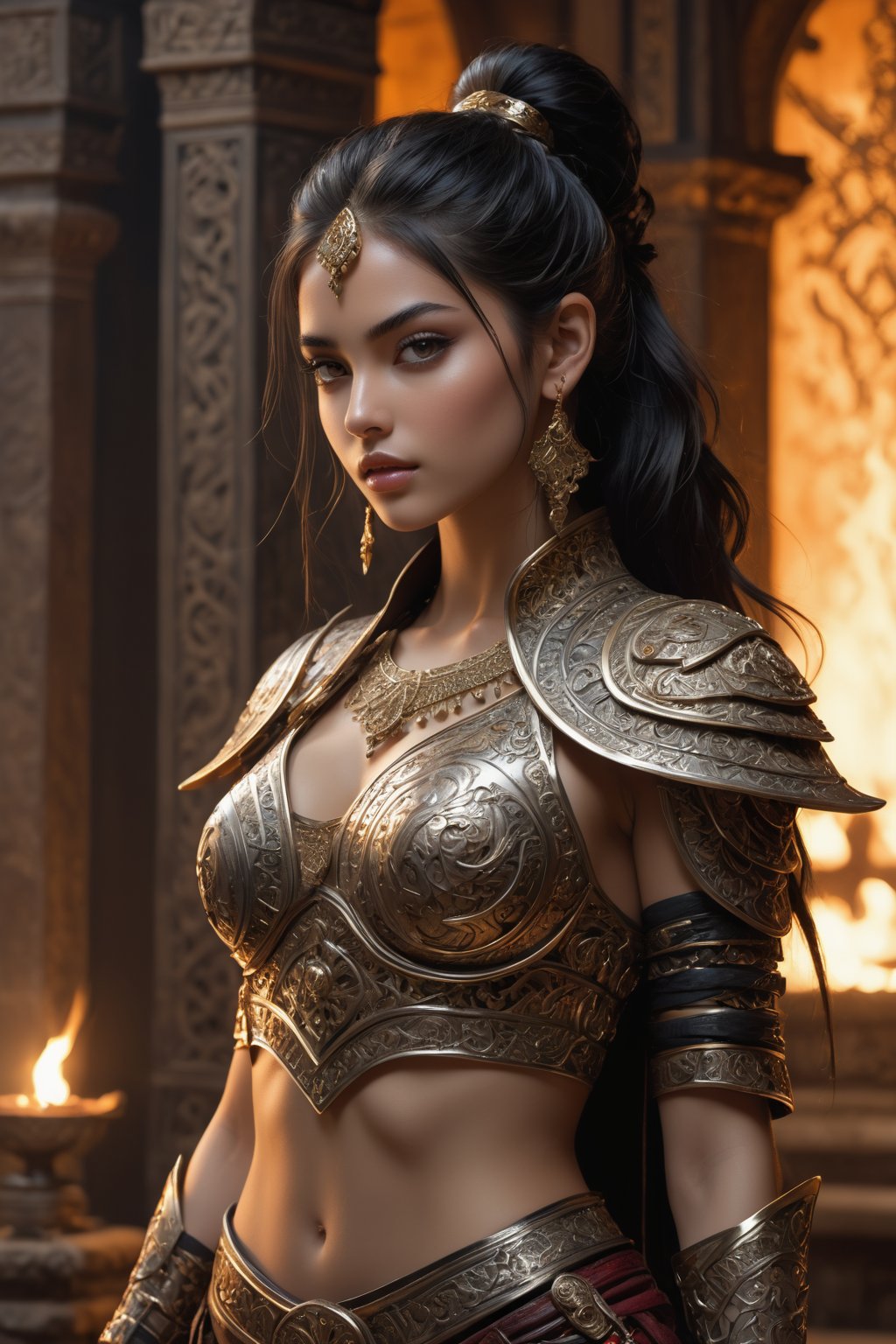 ((full body view.)), ((A pretty girl, 22yo, Middle East supermodel, beautiful face,)), ponytail long black hair, perfect body, ultra detailed, ultra Realistic fantasy,
An intricate scene of an ancient sword in pristine condition, with a vibrant, golden hilt and a set of intricate, ornate engravings. The blade is beautifully polished and the hilt and guard are intricately detailed, depicting intricate designs and fletches. The room is filled with the warm glow of the fire, casting a warm, magical glow on the scene. wide aperture, soft lighting, deep depth of field