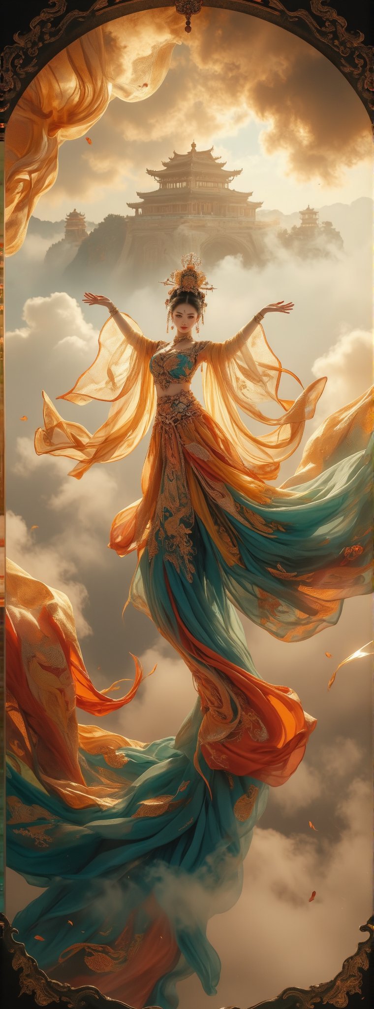 Score_9, score_8_up, score_7_up, big close up, A majestic masterpiece! An Ancient Chinese Goddess descends from the sky in an elegant dance pose, her flowing rainbow dunhuang dress adorned with intricate gold embroidery and sparkling jewelry, shimmering in soft golden light. The fisheye lens captures the grandeur of her movement as she stretches out her hands, against a vibrant cloudscape with the ancient palace rising from the foggy horizon, like a palace in the sky, with high contrast and subtle grayscale tones. Movie special effects style.