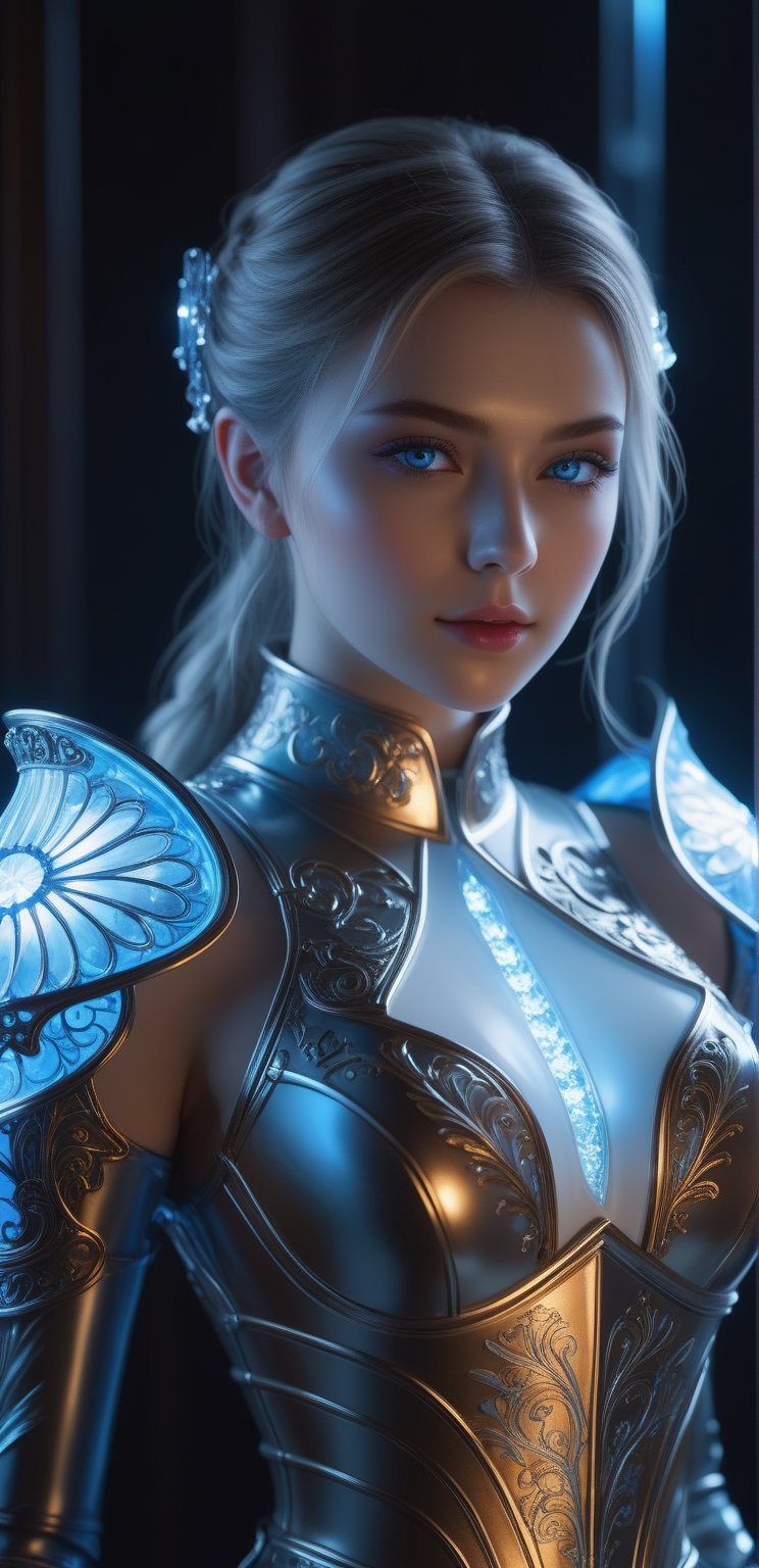((Waist shot)),  craft a hyper realistic vertical photo of most attractive transparent crystal glass girl with neon light,...