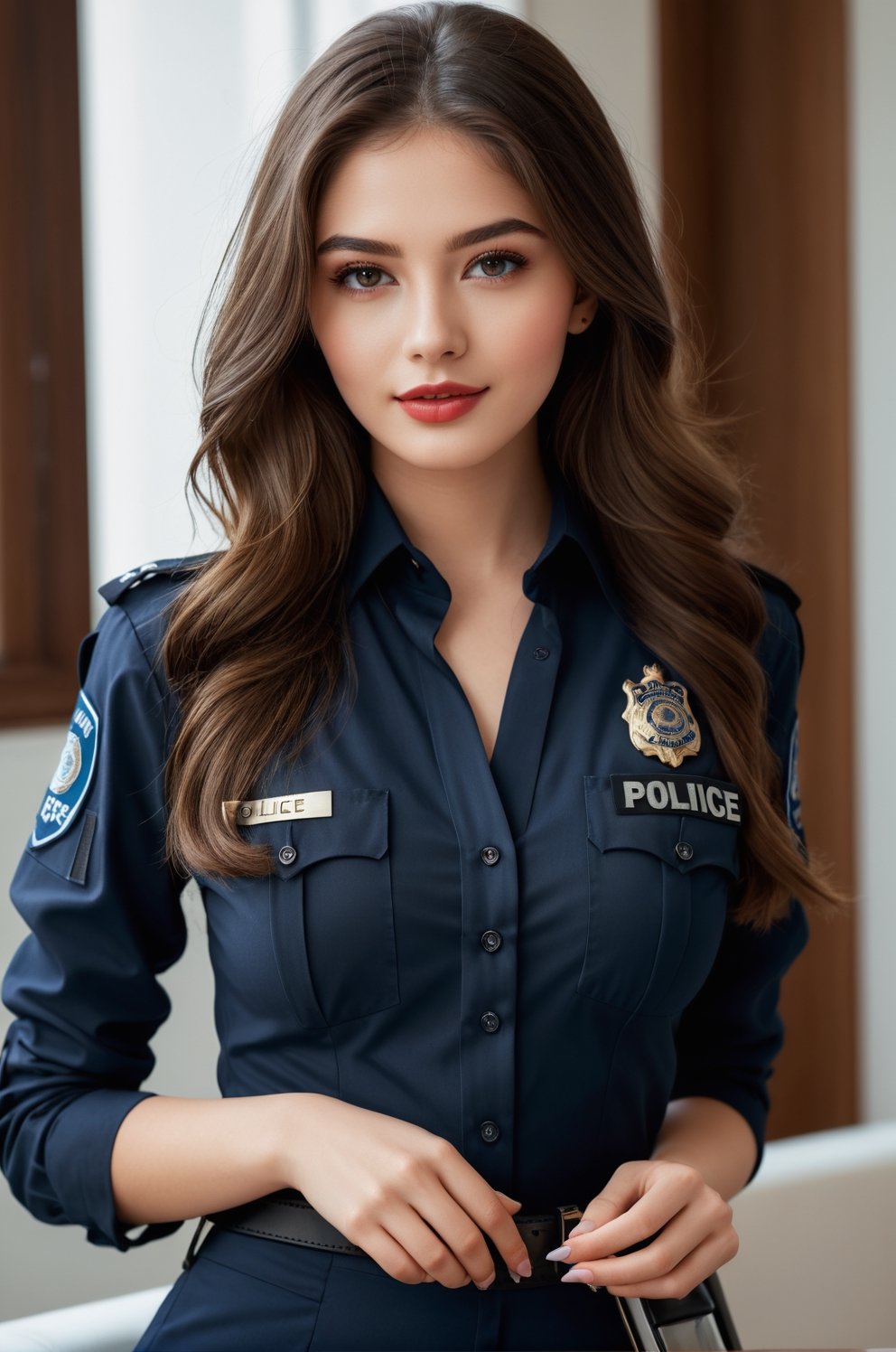 ((25 years old,)), (RAW photo, best quality), (realistic, photo-Realistic:1.1), best quality, masterpiece, beautiful and aesthetic, 16K, high contrast, (vibrant color:1.3), masterpiece, high quality, realistic aesthetic a beautiful girl, supermodel, elegant police suit, transparent, beautiful face, oval face, makeup, seductive smile, fair skin, medium breast, perfect hair, long hair, sexy slim body, Sleek and precise attire, featuring clean lines and intricate details, focused and detailed eyes, a composed and precise expression, defined and bold lips, b4b1