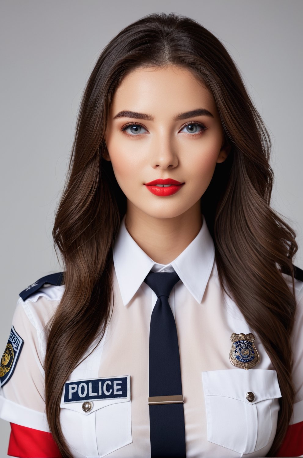 ((25 years old,)), (RAW photo, best quality), (realistic, photo-Realistic:1.1), best quality, masterpiece, beautiful and aesthetic, 16K, high contrast, (vibrant color:1.3), masterpiece, high quality, realistic aesthetic a beautiful girl, supermodel, elegant police uniform, transparent, beautiful face, oval face, makeup, seductive smile, fair skin, big breast, perfect hair, long straight hair, sexy slim body, Sleek and precise attire, featuring clean lines and intricate details, focused and detailed eyes, a composed and precise expression, defined and bold lips, b4b1