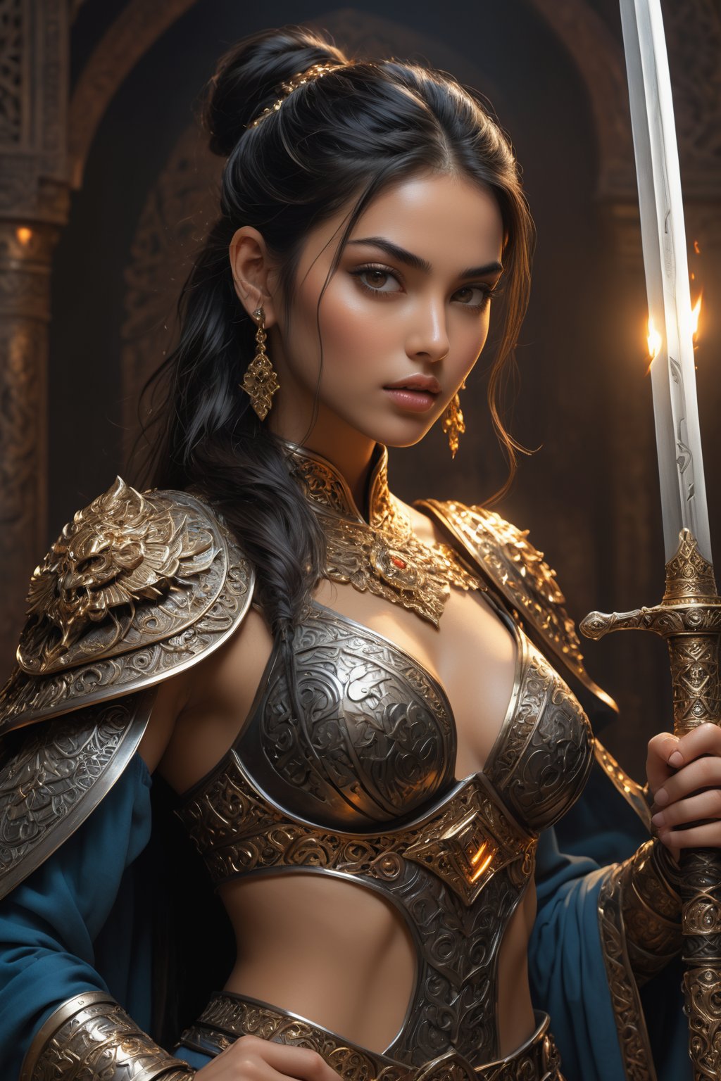 ((full body view.)), ((A pretty girl, 22yo, Middle East supermodel, beautiful face,)), ponytail long black hair, perfect body, ultra detailed, ultra Realistic fantasy,
An intricate scene of an ancient sword in pristine condition, with a vibrant, golden hilt and a set of intricate, ornate engravings. The blade is beautifully polished and the hilt and guard are intricately detailed, depicting intricate designs and fletches. The room is filled with the warm glow of the fire, casting a warm, magical glow on the scene. wide aperture, soft lighting, deep depth of field