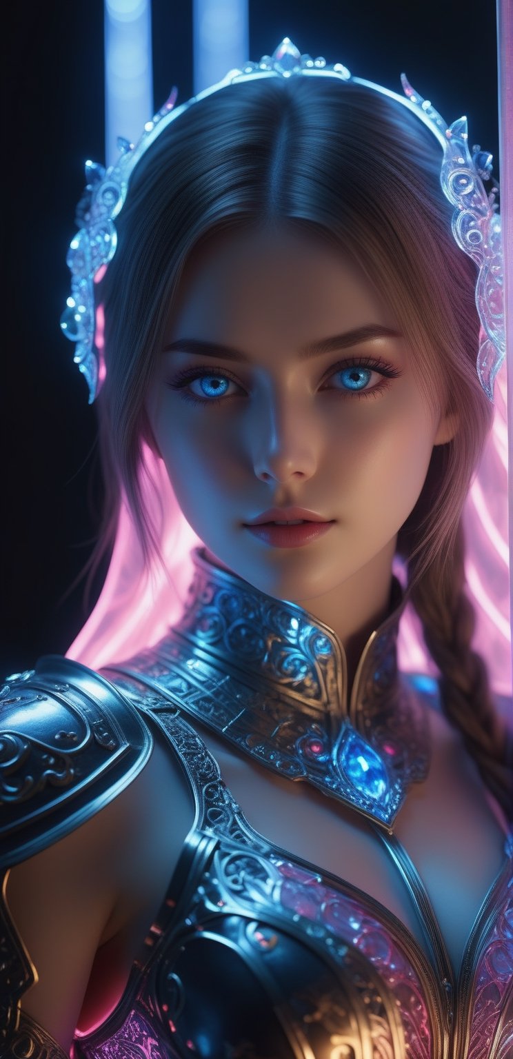 ((Waist shot)),  craft a hyper realistic vertical photo of most attractive transparent crystal glass girl with neon light,...