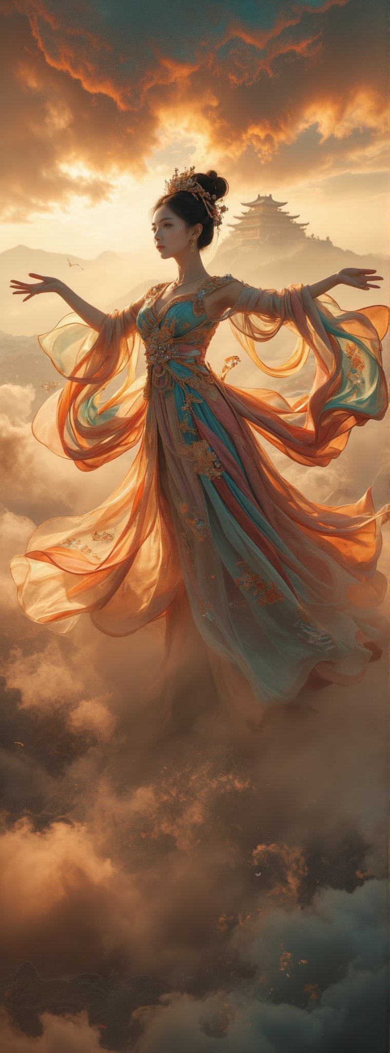 Score_9, score_8_up, score_7_up, ((close up)), A majestic masterpiece! An Ancient Chinese Goddess descends from the sky in an elegant dance pose, her flowing rainbow dunhuang dress adorned with intricate gold embroidery and sparkling jewelry, shimmering in soft golden light. The fisheye lens captures the grandeur of her movement as she stretches out her hands, against a vibrant cloudscape with the ancient palace rising from the foggy horizon, like a palace in the sky, with high contrast and subtle grayscale tones. Movie special effects style.