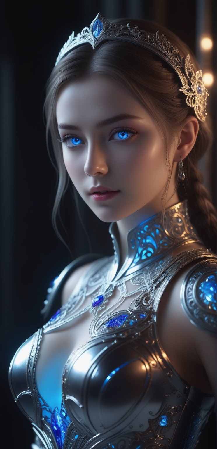 ((Waist shot)),  craft a hyper realistic vertical photo of most attractive transparent crystal glass girl with neon light,...