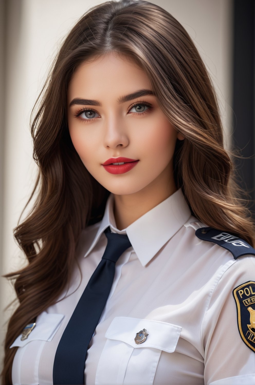 ((25 years old,)), (RAW photo, best quality), (realistic, photo-Realistic:1.1), best quality, masterpiece, beautiful and aesthetic, 16K, high contrast, (vibrant color:1.3), masterpiece, high quality, realistic aesthetic a beautiful girl, supermodel, elegant police uniform, transparent, beautiful face, oval face, makeup, seductive smile, fair skin, big breast, perfect hair, long hair, sexy slim body, Sleek and precise attire, featuring clean lines and intricate details, focused and detailed eyes, a composed and precise expression, defined and bold lips, b4b1