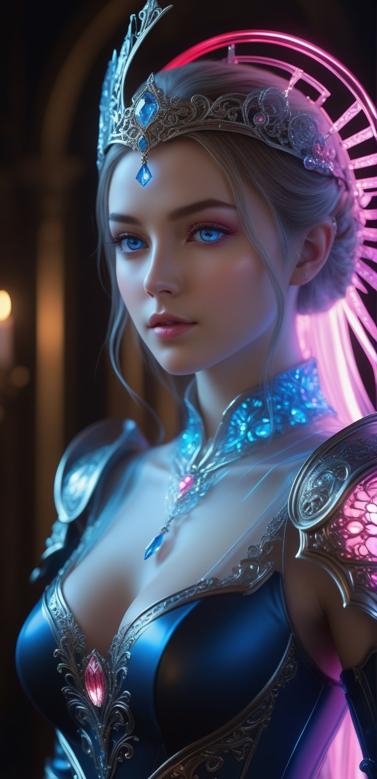 ((Waist shot)),  craft a hyper realistic vertical photo of most attractive transparent crystal glass girl with neon light,...