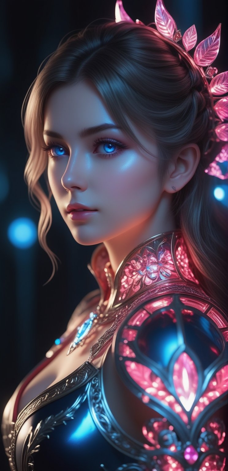 ((Waist shot)),  craft a hyper realistic vertical photo of most attractive transparent crystal glass girl with neon light,...