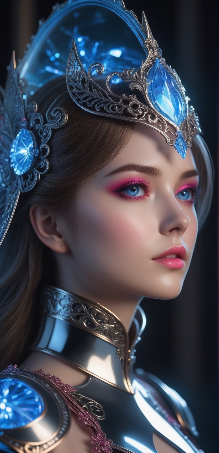 ((Waist shot)),  craft a hyper realistic vertical photo of most attractive transparent crystal glass girl with neon light,...
