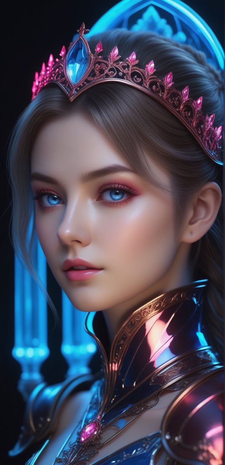 ((Waist shot)),  craft a hyper realistic vertical photo of most attractive transparent crystal glass girl with neon light,...