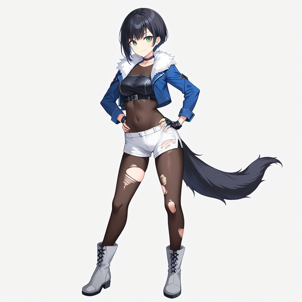 1girl, solo, looking at viewer, smile, short hair, bangs, simple background, black hair, gloves, long sleeves, closed mouth, green eyes, standing, jacket, tail, full body, pantyhose, boots, shorts, choker, black gloves, fingerless gloves, open jacket, hand on hip, torn clothes, fur trim, black choker, black shorts, blue jacket, bodystocking, torn pantyhose, grey footwear