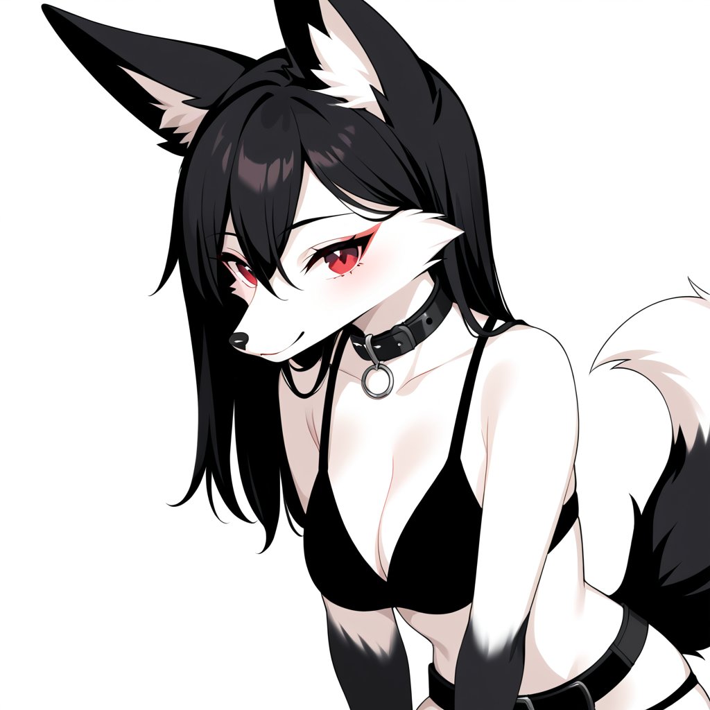 A cartoon drawing of a white fox with black ears, a black nose, and red eyes. The fox's fur is white with black spots, and the fox's ears are black with pink tips. A black collar is around its neck, and a black belt is hanging from its collar. The background is a light gray color. Furry girl