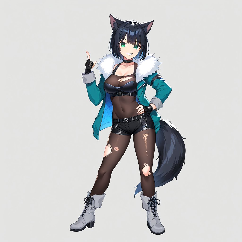 1girl, solo, looking at viewer, smile, short hair, bangs, simple background, black hair, gloves, long sleeves, green eyes, standing, jacket, tail, full body, pantyhose, boots, shorts, choker, black gloves, fingerless gloves, open jacket, hand on hip, torn clothes, fur trim, black choker, black shorts, blue jacket, bodystocking, torn pantyhose, grey footwear