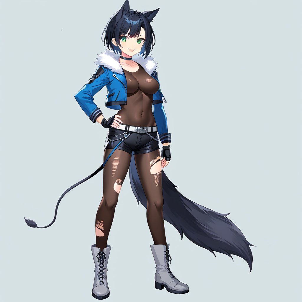 1girl, solo, looking at viewer, smile, short hair, bangs, simple background, black hair, gloves, long sleeves, green eyes, standing, jacket, tail, full body, pantyhose, boots, shorts, choker, black gloves, fingerless gloves, open jacket, hand on hip, torn clothes, fur trim, black choker, black shorts, blue jacket, bodystocking, torn pantyhose, grey footwear