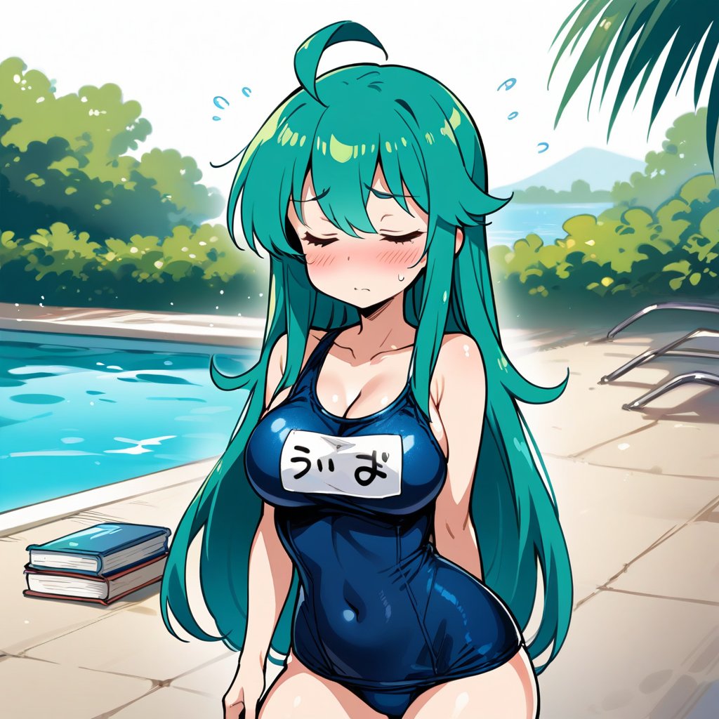 1girl, solo, long hair, breasts, blush, bangs, large breasts, cleavage, hair between eyes, very long hair, closed mouth, collarbone, swimsuit, closed eyes, ahoge, cowboy shot, green hair, water, sweatdrop, one-piece swimsuit, book, aqua hair, covered navel, school swimsuit, blue one-piece swimsuit, name tag, pool, one-piece swimsuit pull,dickgirl