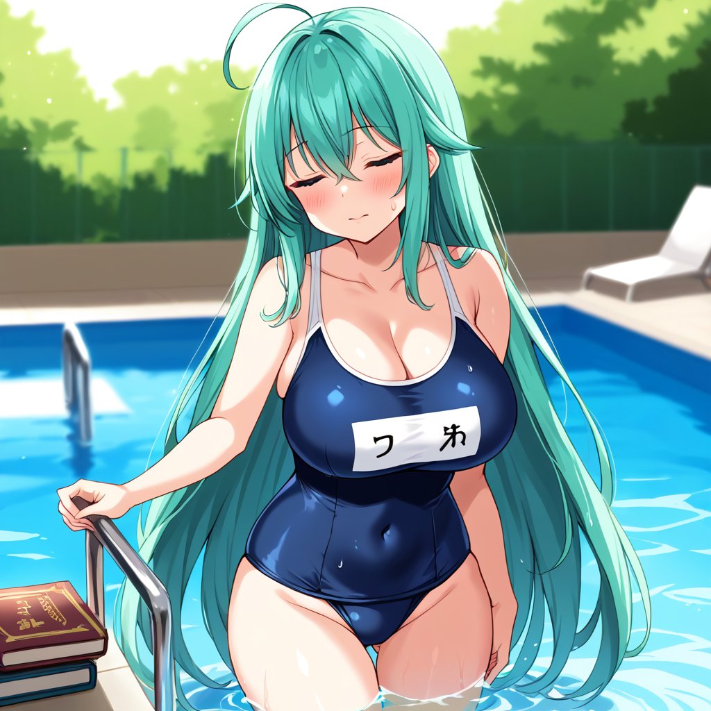 1girl, solo, long hair, breasts, blush, bangs, large breasts, cleavage, hair between eyes, very long hair, closed mouth, collarbone, swimsuit, closed eyes, ahoge, cowboy shot, green hair, water, sweatdrop, one-piece swimsuit, book, aqua hair, covered navel, school swimsuit, blue one-piece swimsuit, name tag, pool, one-piece swimsuit pull