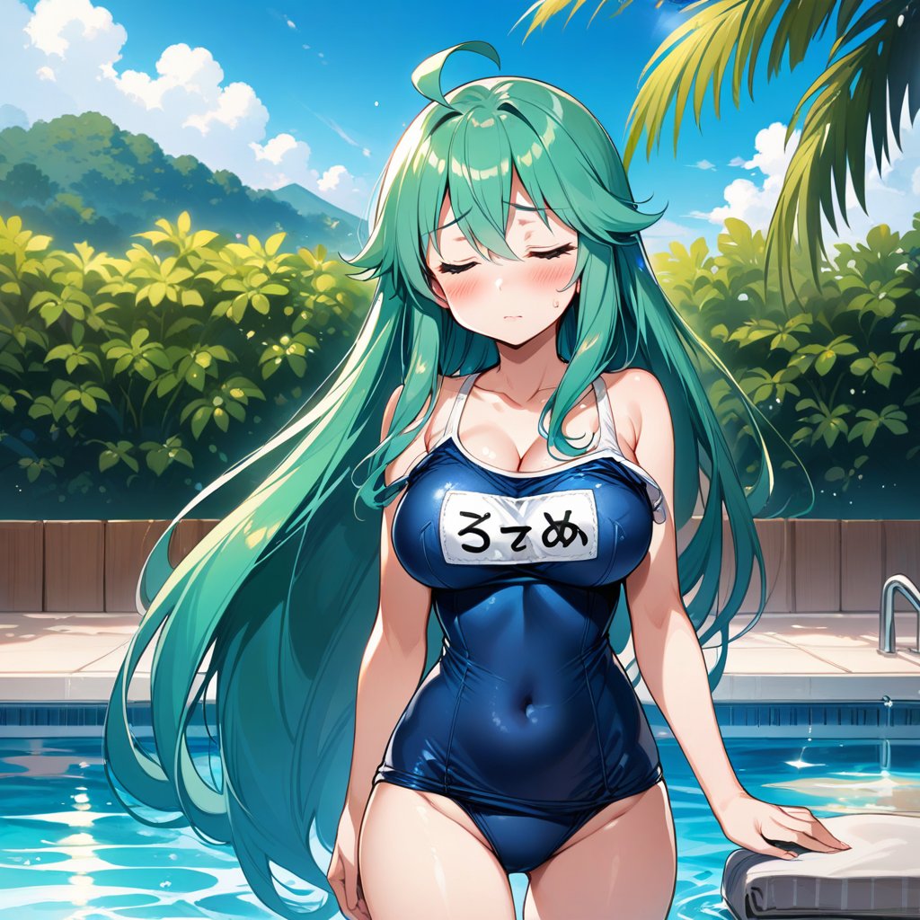 1girl, solo, long hair, breasts, blush, bangs, large breasts, cleavage, hair between eyes, very long hair, closed mouth, collarbone, swimsuit, closed eyes, ahoge, cowboy shot, green hair, water, sweatdrop, one-piece swimsuit, book, aqua hair, covered navel, school swimsuit, blue one-piece swimsuit, name tag, pool, one-piece swimsuit pull