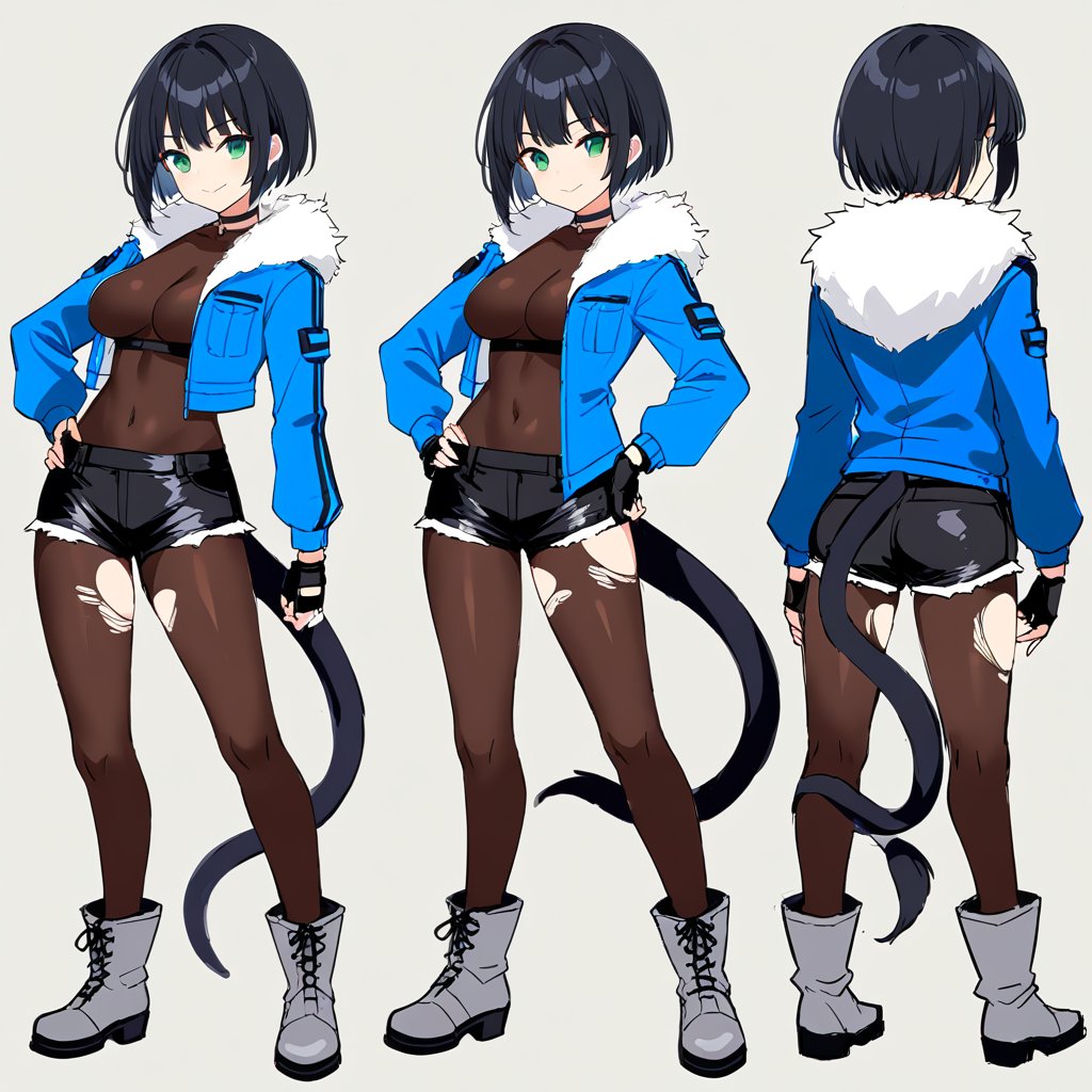 1girl, solo, looking at viewer, smile, short hair, bangs, simple background, black hair, gloves, long sleeves, closed mouth, green eyes, standing, jacket, tail, full body, pantyhose, boots, shorts, choker, black gloves, fingerless gloves, open jacket, sketch, hand on hip, torn clothes, fur trim, black choker, black shorts, blue jacket, bodystocking, torn pantyhose, grey footwear