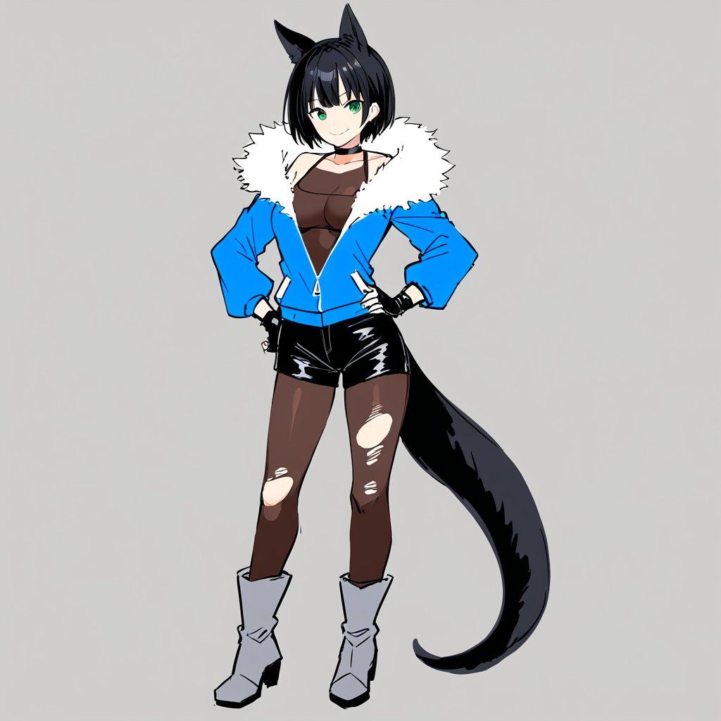 1girl, solo, looking at viewer, smile, short hair, bangs, simple background, black hair, gloves, long sleeves, closed mouth, green eyes, standing, jacket, tail, full body, pantyhose, boots, shorts, choker, black gloves, fingerless gloves, open jacket, sketch, hand on hip, torn clothes, fur trim, black choker, black shorts, blue jacket, bodystocking, torn pantyhose, grey footwear