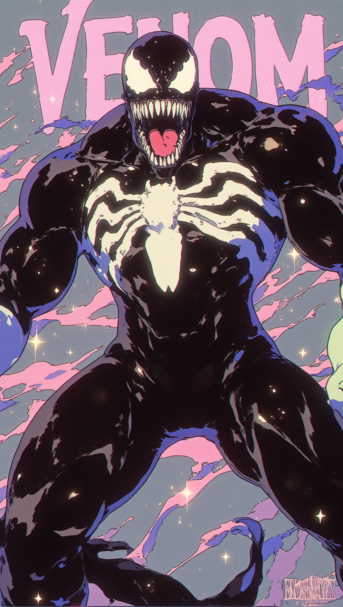 In a retro anime style, a full-body image of Venom stands menacingly against a solid grey background, accentuated with soft pastel colors that add an unexpected contrast. His muscular and fierce physique is highlighted by glossy black skin that reflects subtle pastel tones. Venom's large, white, fang-filled grin and glowing white eyes radiate a sinister intensity. A striking white spider logo is prominently displayed on his chest, contrasting with his dark form. Tendrils of the symbiote swirl around him, enhanced by pastel hues, adding to his threatening aura. The word "VENOM" is integrated into the background in a bold, stylized font. Describe how Venom’s powerful presence and dynamic elements create an eye-catching poster that embodies the dark, edgy vibe of retro anime with a sweet pastel twist.