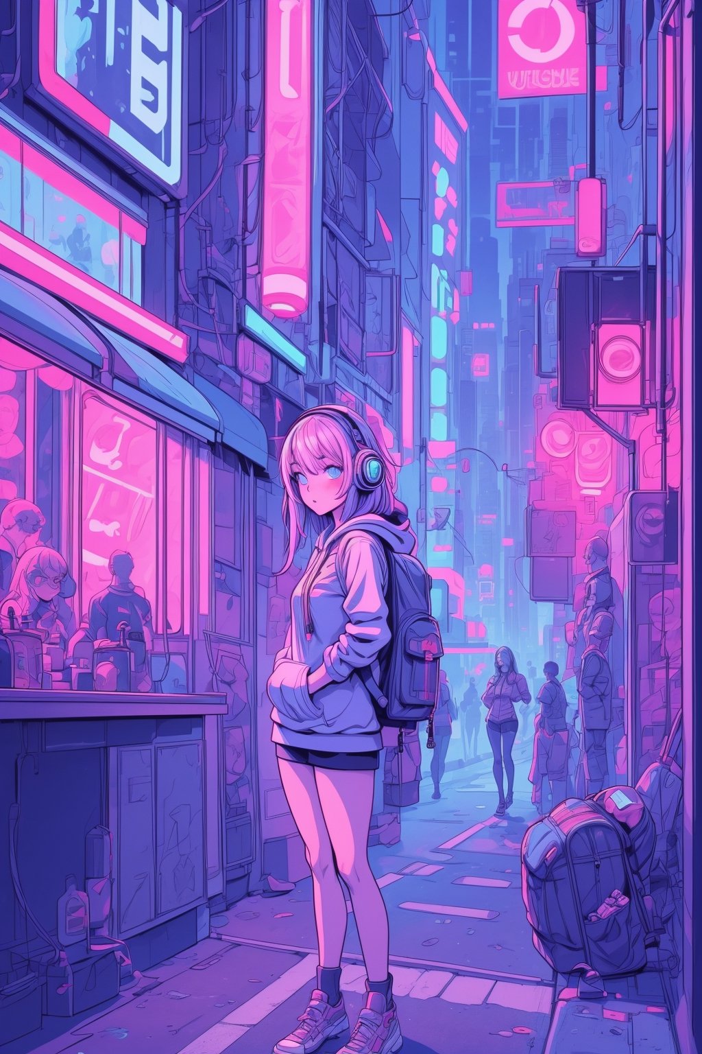 Dreampolis, hyper-detailed digital illustration, cyberpunk, single girl with techsuite hoodie and headphones in the street, neon lights, lighting bar, city, cyberpunk city, film still, backpack, in megapolis, pro-lighting, high-res, masterpiece