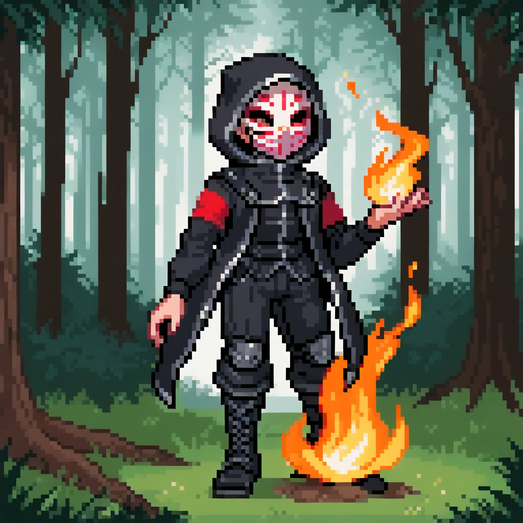 Solo_male, man, full covered hood, full white mask with glowing eyes, modern black clothing, black jacket, black pants, black boots, grey accents, no logos on clothing, no color on clothing, villain, forest background, menacing, fire in one hand, sprite, pixel style