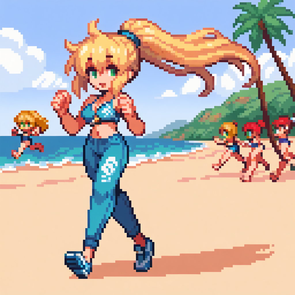 Solo_female, woman, blond hair, high ponytail, straight hair, long hair, green eyes, athleisure fashion, pants, fashionable, running, beach background, sprite, pixel style