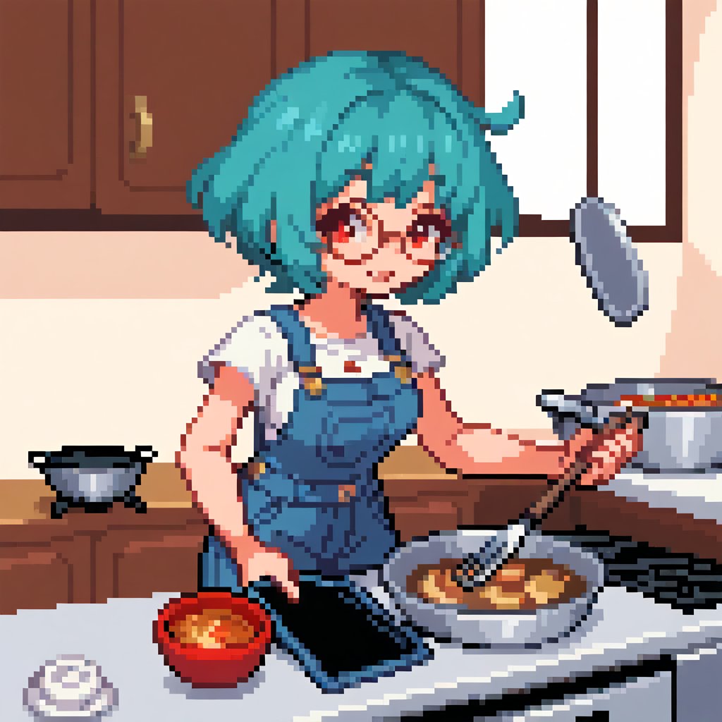 Solo_female, woman, short hair, teal hair, round glasses, red eyes, short overalls, cooking, sprite, pixel style