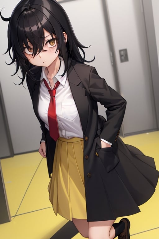 A young woman, 8k, high school uniform, messy_hair, black_hair, baggy_eyes, brown_eyes, nervous, yellow_jacket, white_shirt, red_tie, yellow_skirt, long_skirt, black_socks, hair over in one eye, tomoko, hair over in one eye