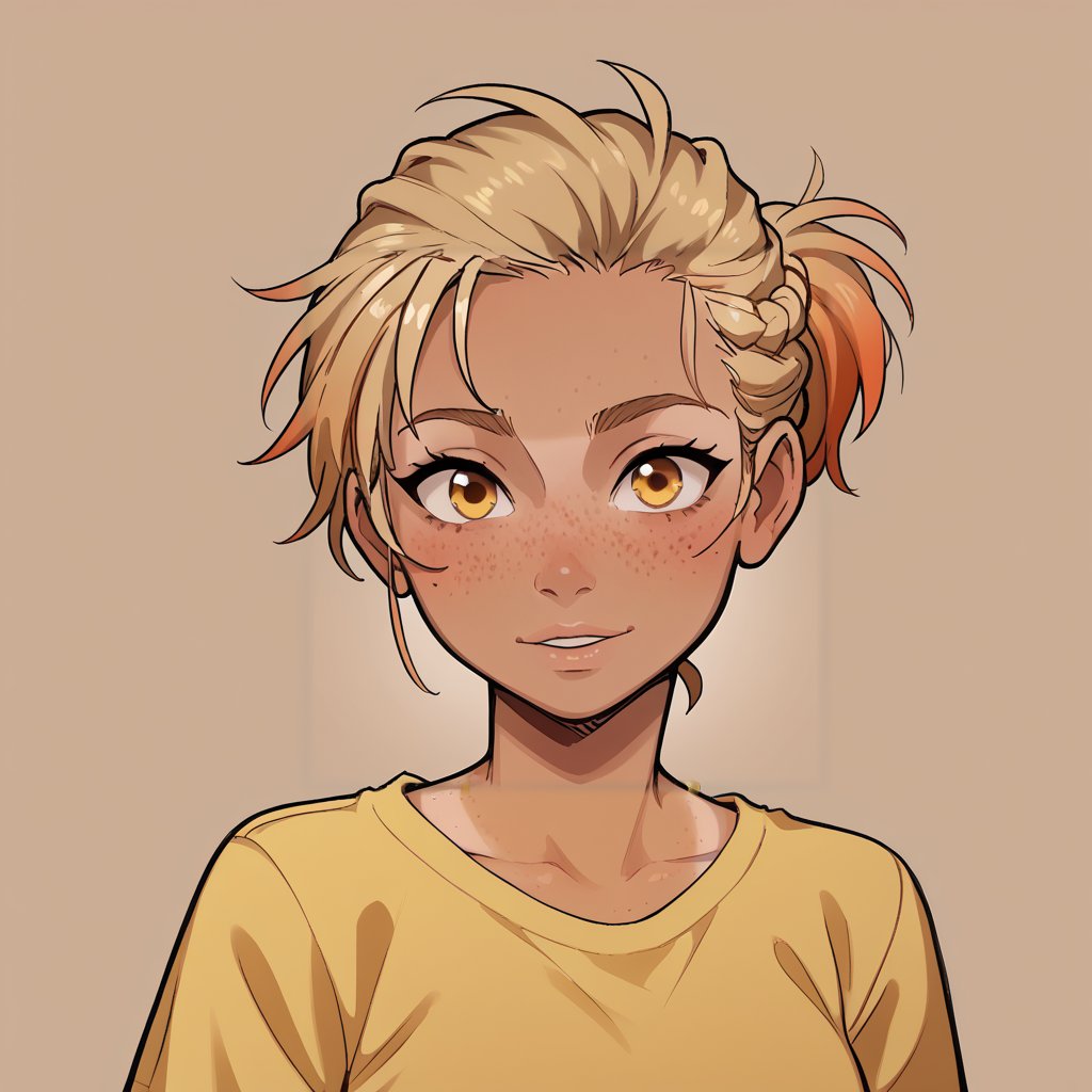 Solo_female, ((ash blond hair)), tan, ponytail, straight hair, amber eyes, yellow tee shirt, simple background, portrait, looking at viewer, standing, happy, confident, beauty_marks