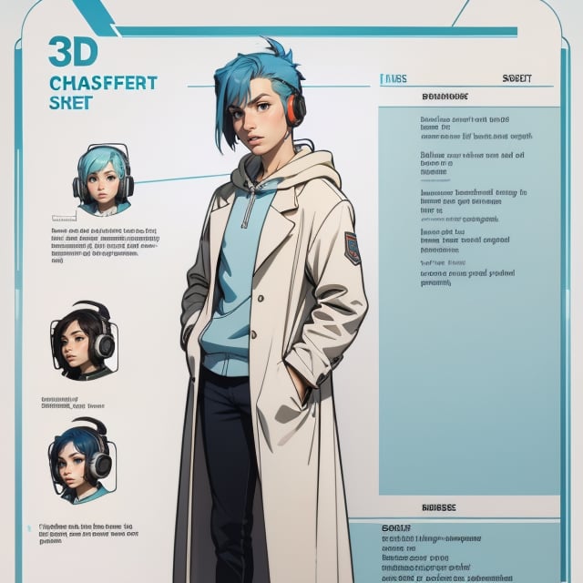 The concept character sheet of a young man, modern style, anime style. Soft face, gentle. White labcoat, headphones. full body,  Full of details, frontal body view, back body view, Highly detailed, Depth, Many parts,((Masterpiece, Highest quality)), 8k, Detailed face (blue hair), friendly expression, relaxed, Infographic drawing. Multiple poses. 3d,SAM YANG,incase