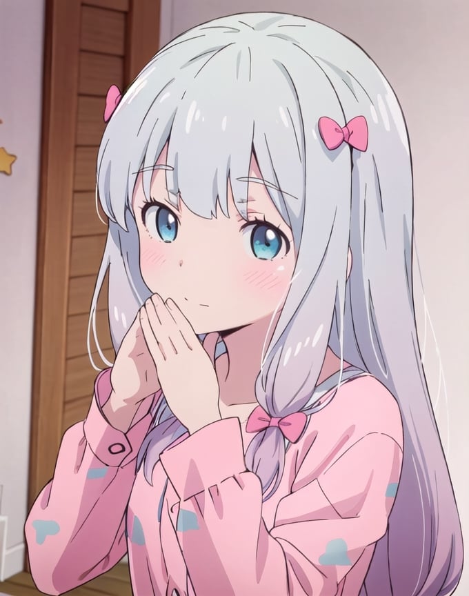 best quality, high resolution, masterpiece, 1girl, upper_body, izumi_sagiri_eromangasensei,izumi_sagiri_eromangasensei, grey_hair, long_hair, bow, hair_bow, pink_bow, blue_eyes, bangs, pajamas, on the ground, hands raised