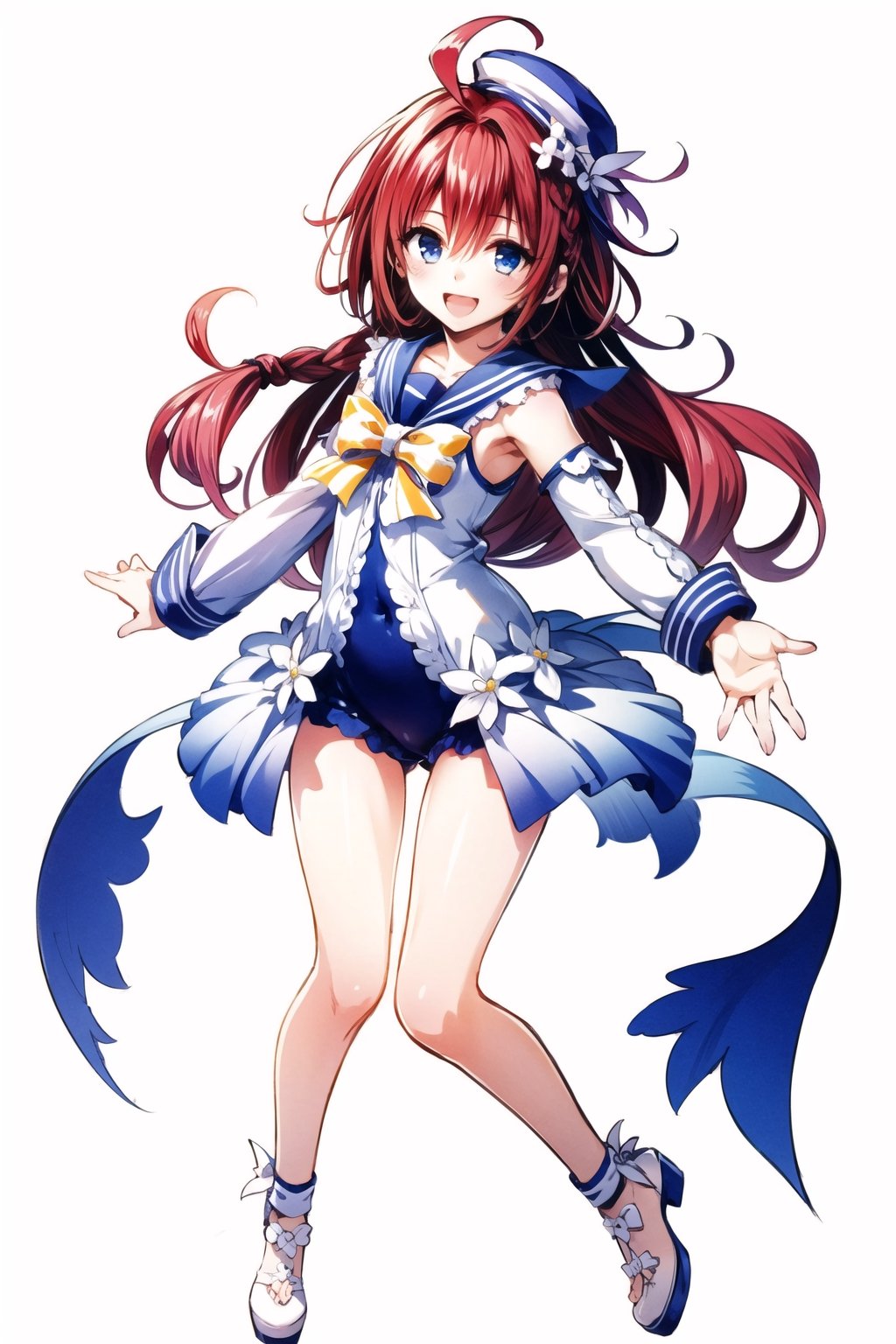 1girl, kurosaki meia, solo, long hair, 😘,one-piece swimsuit,detached sleeves,sailor collar,sailor hat,blue eyes, braid, very long hair, open mouth, red hair, smile, hair ornament, white background, simple background, ahoge, full body, :d, single braid, looking at viewer