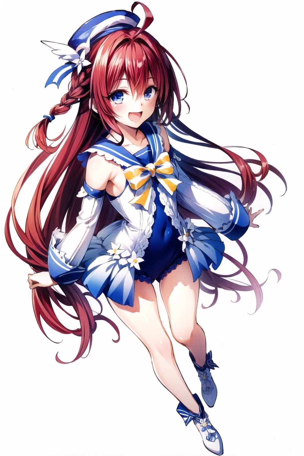 1girl, kurosaki meia, solo, long hair, 😘,one-piece swimsuit,detached sleeves,sailor collar,sailor hat,blue eyes, braid, very long hair, open mouth, red hair, smile, hair ornament, white background, simple background, ahoge, full body, :d, single braid, looking at viewer