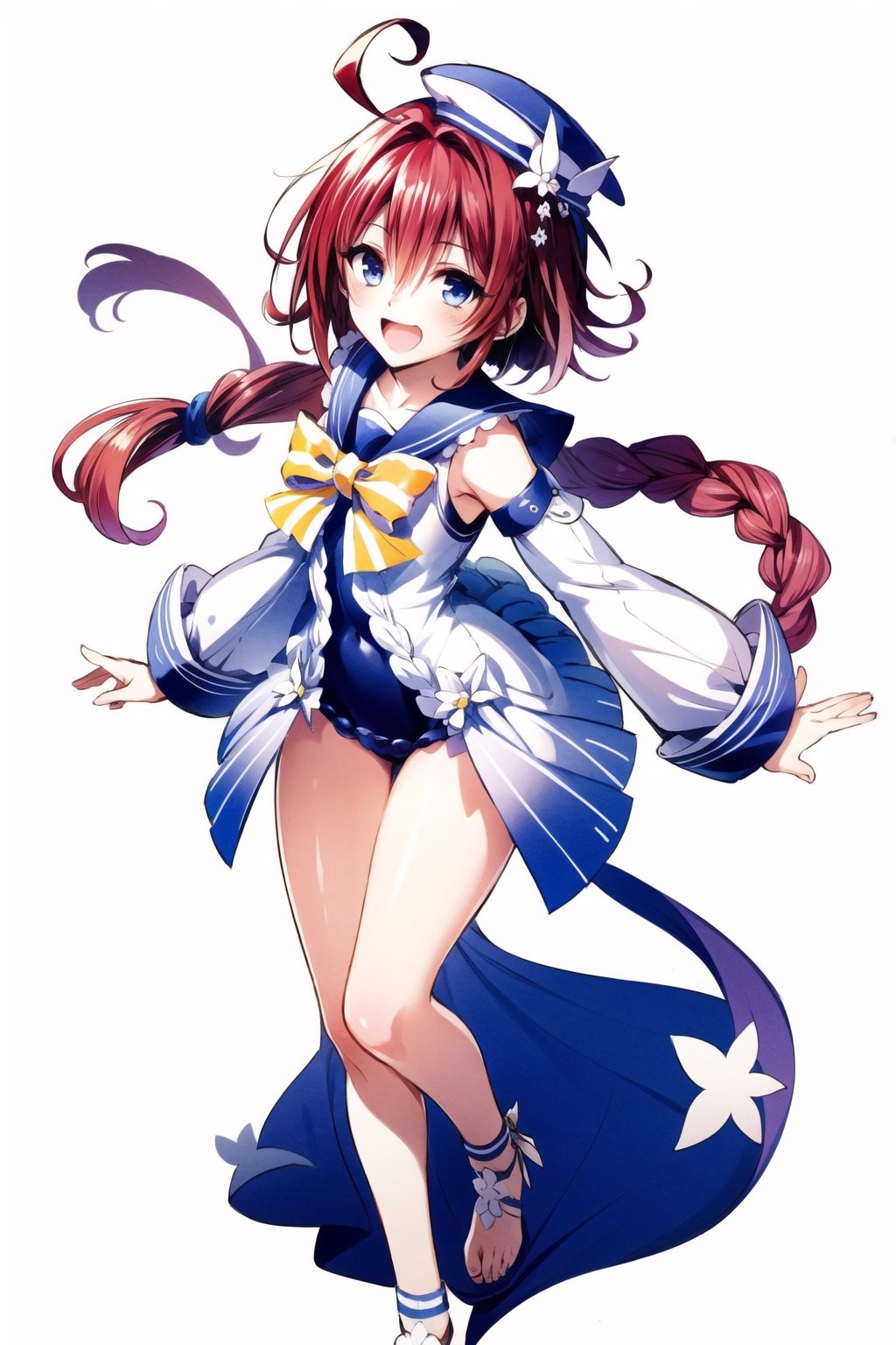 1girl, kurosaki meia, solo, long hair, 😘,one-piece swimsuit,detached sleeves,sailor collar,sailor hat,blue eyes, braid, very long hair, open mouth, red hair, smile, hair ornament, white background, simple background, ahoge, full body, :d, single braid, looking at viewer