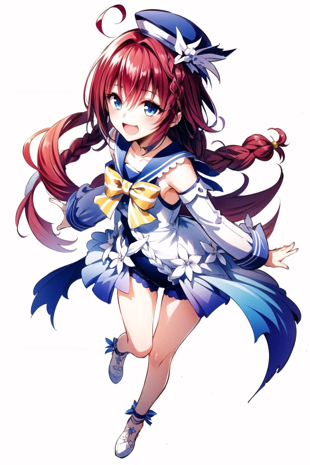 1girl, kurosaki meia, solo, long hair, 😘,one-piece swimsuit,detached sleeves,sailor collar,sailor hat,blue eyes, braid, very long hair, open mouth, red hair, smile, hair ornament, white background, simple background, ahoge, full body, :d, single braid, looking at viewer