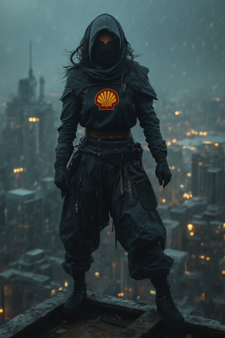 photorealism:1.4, a female ninja with Shell logo on her chest, standing on rooftop with a dark dystopian city in the background, dynamic pose, fierce, comics style, extremely intricate, extremely detailed, ominous lighting, dramatic lighting, dark stormy night, shot with Hasselblad, long exposure