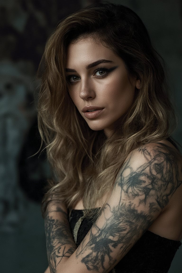 photorealism:1.4, Portrait of a female rocker, expressive eyes, tattoos, attitude, sultry, pictorialism, dystopian, grim dark, goth, chiaroscuro, contrast, surrealism, gritty background, , grunge, graffiti