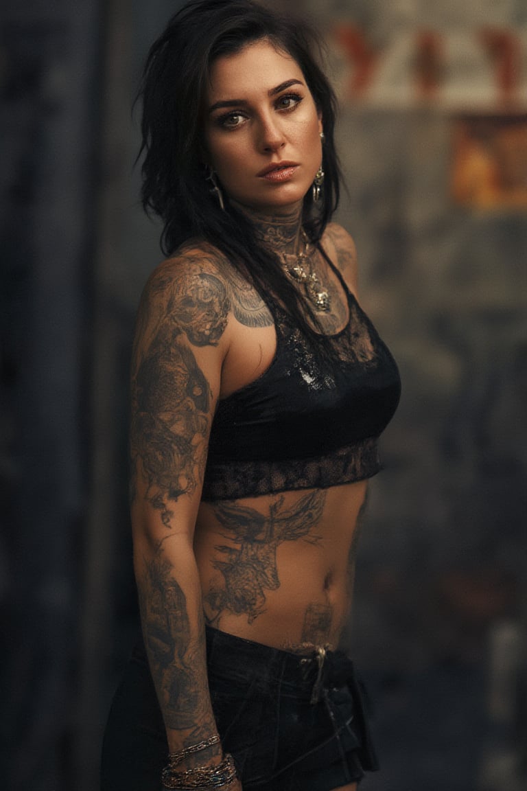 photorealism:1.4, Portrait of a female rocker, expressive eyes, tattoos, attitude, sultry, pictorialism, dystopian, grim dark, goth, chiaroscuro, contrast, surrealism, gritty background, , grunge, graffiti