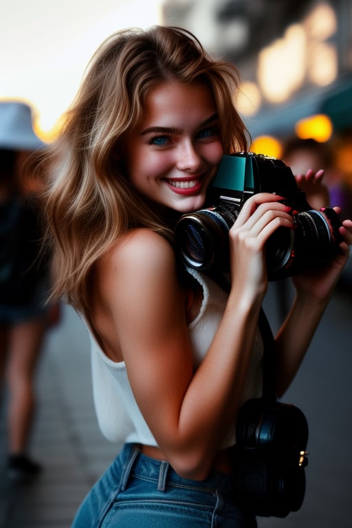 A 20-year-old blonde girl, now with a mischievous grin, holds a vintage camera, capturing candid moments of life. The sun casts a warm glow on her face, and her blue eyes sparkle with curiosity. She stands amidst a bustling city street, surrounded by people, yet lost in her own world of creativity. The camera strap hangs casually from her shoulder, a silent companion on her adventures.