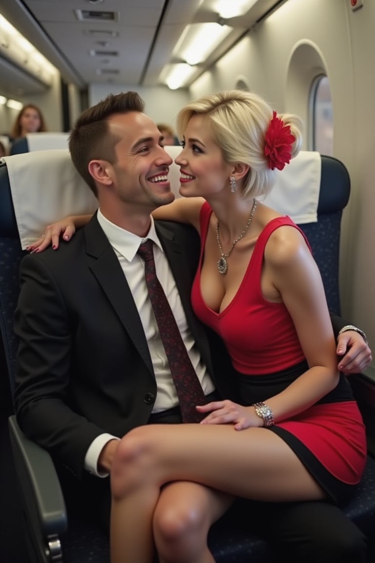 Sexy blonde, on plane, flirting with male flight attendant.