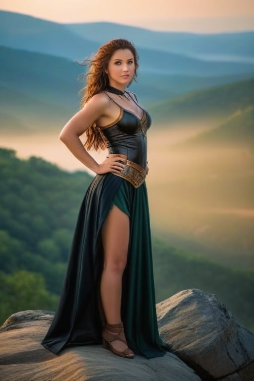 A Viking princess stands heroically on a rugged rock outcropping, her polished armor and flowing skirts aglow in warm golden light of sunset. Gentle hills and misty valleys unfurl behind her like a tapestry. Her piercing amber eyes, strong legs, and intricately designed leather straps exude regal power against the soft, serene landscape. Long, curly brown hair cascades down her back, framing her majestic pose as she surveys her domain.,20 years old, (((photorealistic:1.4))), nikon d5, 85mm, sharp picture, 