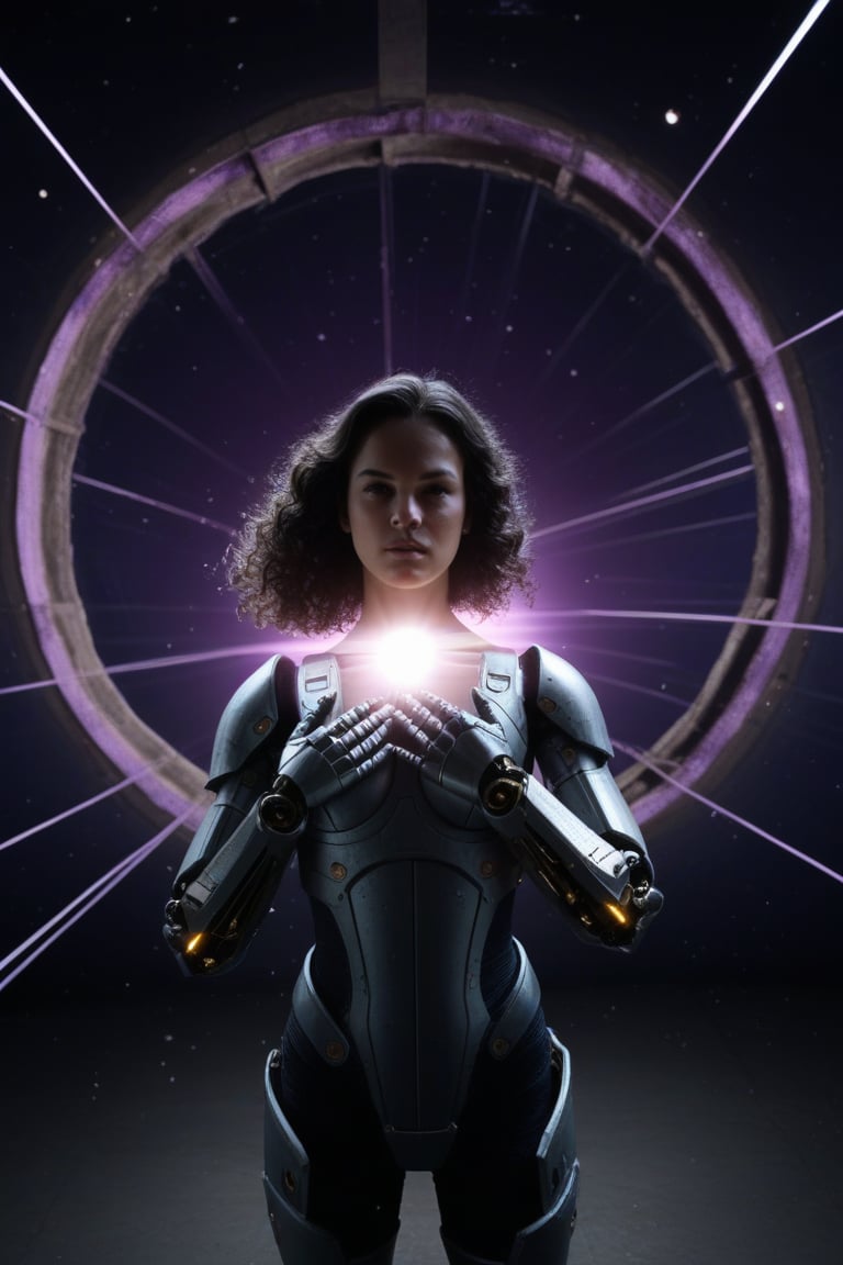 A dramatic and futuristic scene unfolds as a serious black-haired teen girl stands half-naked, her powerful mechanical arm with intricate parts at the ready. Before her lies an open portal, its purple vortex swirling with energy at night. The ground is littered with old glowing electronics, rusty particles dancing in the air like dust. Her upper body is clad in futuristic armor, covering her breasts, while her lower half remains naked and flowing hair cascades down her back. Godly rays of volumetric lighting illuminate her from above, casting a dynamic pose that showcases her entire captivating physique within the frame.