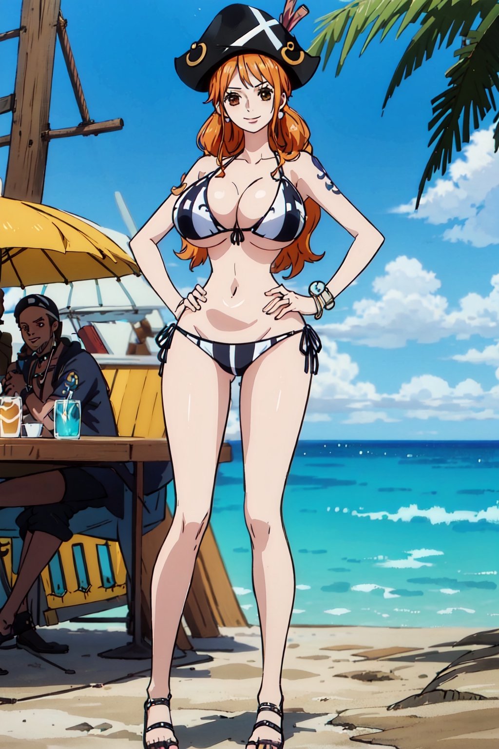 masterpiece, best quality, (detailed eyes, detailed background), absurdres, highres, ultra detailed, masterpiece, best quality, brown eyes,  palm tree, vegetaion, beach, seaside, pirate ship, smile, side-tie_bikini,huge breasts, cute,huge ass,thick thighs 