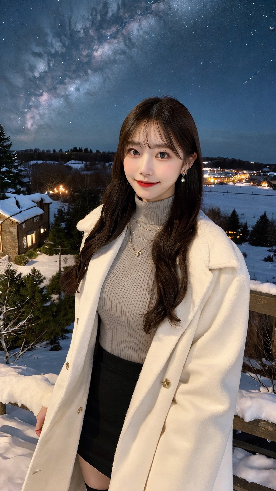 In a white long coat, accessorized with earrings and a necklace, she wears a grey turtleneck wool top, a red A-line skirt, and black stockings. Her long hair, slender figure and lovely face are accentuated by rosy cheeks and a gentle smile. Amidst the snowy countryside beneath the night sky, the Milky Way hangs elegantly, providing a celestial backdrop to her charm and grace. （establishing shot: 1.5)