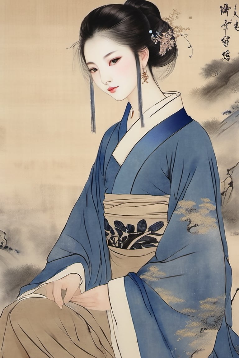 Beige ancient background color, traditional Chinese painting style, Chinese fine brushwork style, with a little watercolor style, fine brushwork beauty painting, full body portrait, frontal portrait, indigo color top, lower body wearing revealing black pantyhose