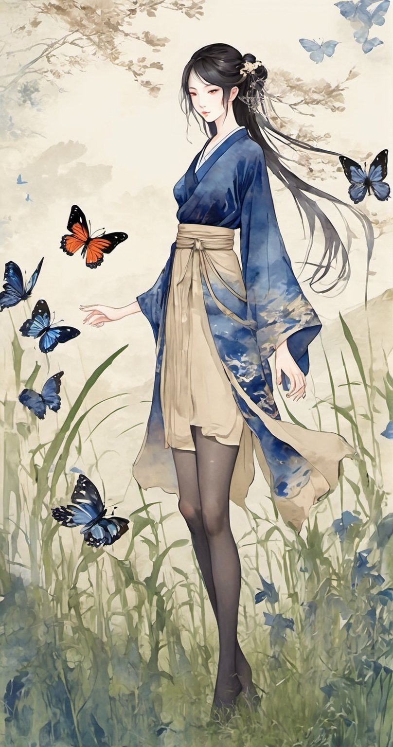 Beige ancient background, traditional Chinese painting style background, watercolor style, 2D anime style painting of a beautiful woman, full body portrait, frontal portrait, indigo top, black pantyhose, standing, surrounded by butterflies, grass,