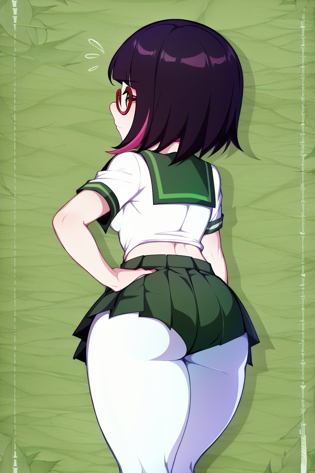 1 girl, solo, Saiki Kusuo, crimson eyes, pale pink hair, disheveled hair, sharp hair, short hair, spiky hair, prickly bangs, emotionless face, calm face, no emotions, cold face, Japanese school uniform, short green skirt, white shirt with short arms, green shirt collar, oval glasses, thin-rimmed glasses, black frames, matte lenses, the eyes are not visible behind the lenses of the glasses, white stockings, black flat shoes, perfect body, plump ass, tight ass, sexy ass, perfect ass, slim waist, thin shoulders, small breasts, moist skin, perfect body, abs, detailed intimate places, slim hips, elastic hips,

,USA,Mrploxykun