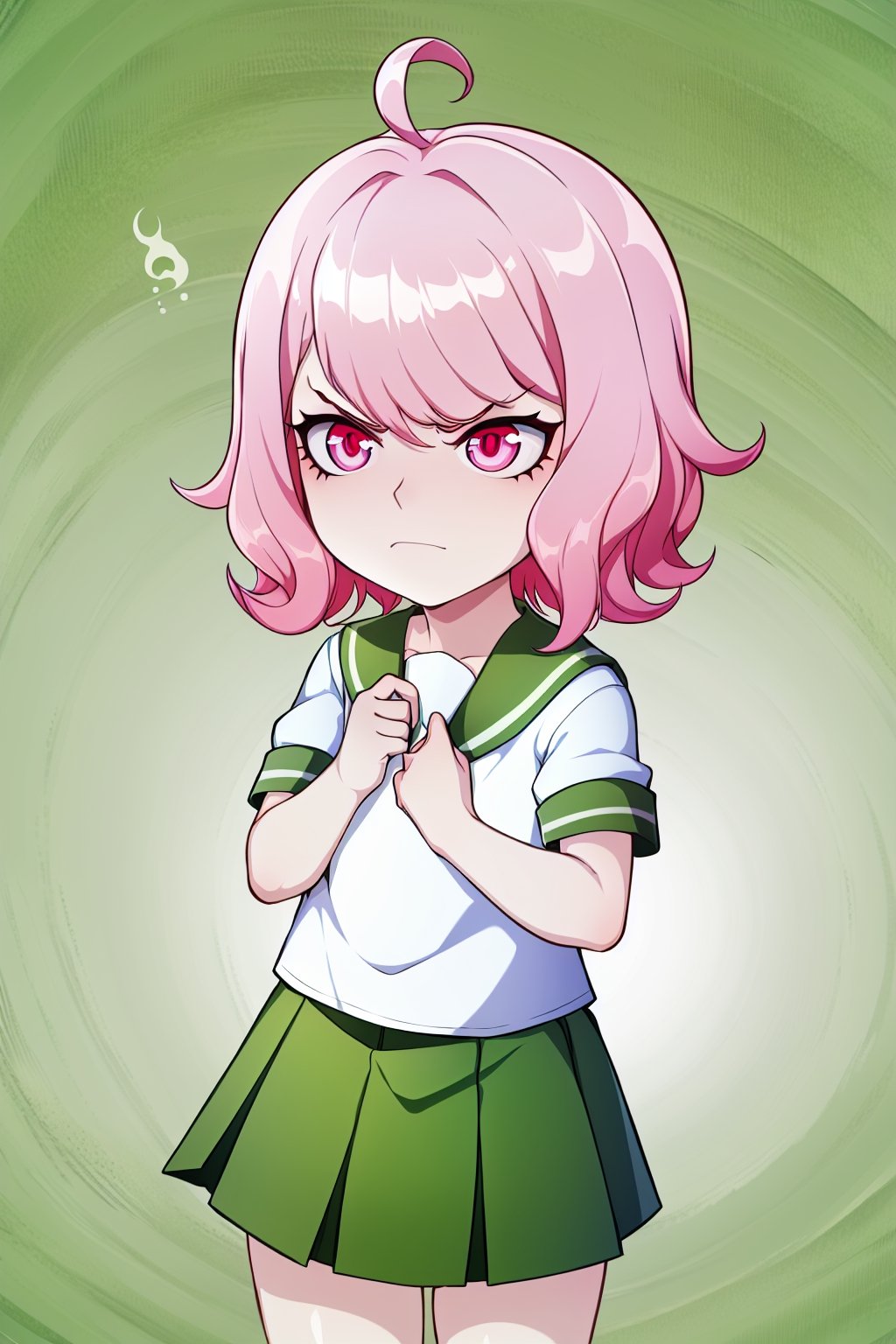 1 girl, solo, loli, Saiki Kusuo, pale pink hair, disheveled hair, pointed hair, short hair, crimson eyes, emotionless face, calm face, frowning eyes, Japanese school uniform, short green skirt, white shirt with short sleeves, green shirt collar,

,