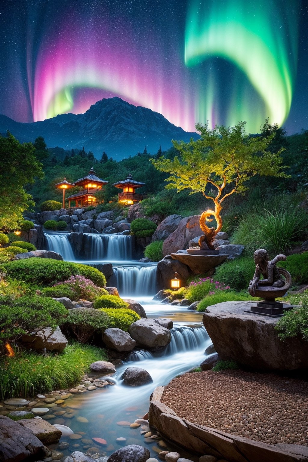 masterpiece, intricate detail, absurd, 4k,
a truly enchanting and magical scene. wonderful zen garden with green bamboo fountains and pebbles, sand, bonsai, transmits calm and relaxation, reconnection with the divinity, immersed in the otherworldly light of a vibrant neon aurora, creating a sense of wonder and mystery, winning photo, ,More Detail